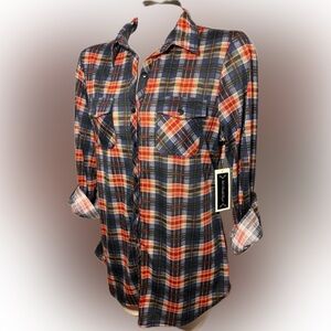 R n B Plaid Button-Up Shirt Size Large Roll-Tab Sleeves Red Blue Yellow